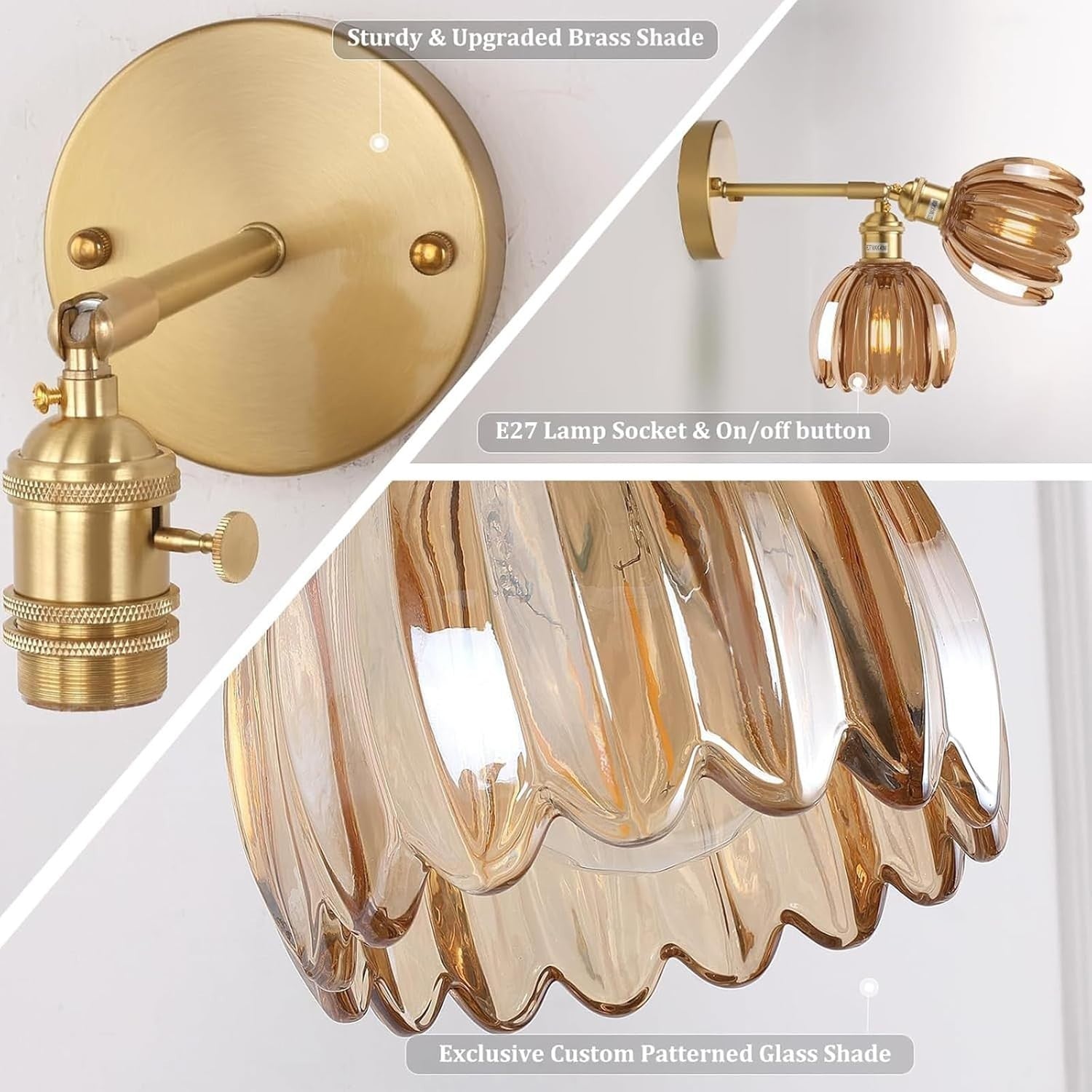 Vintage Brass Wall Sconces Set of 2, 180° Adjustable, Amber Glass Shades