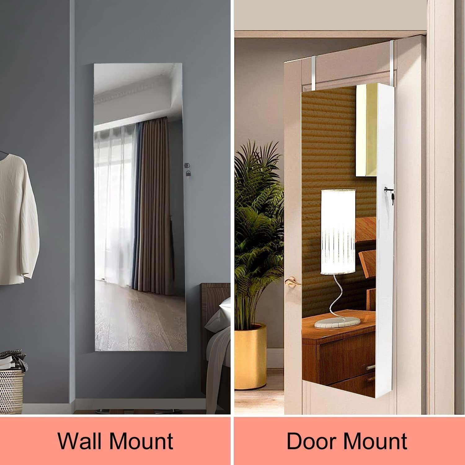 Wall Mounted Jewelry Cabinet LED Light Full Length Mirror Lockable Storage