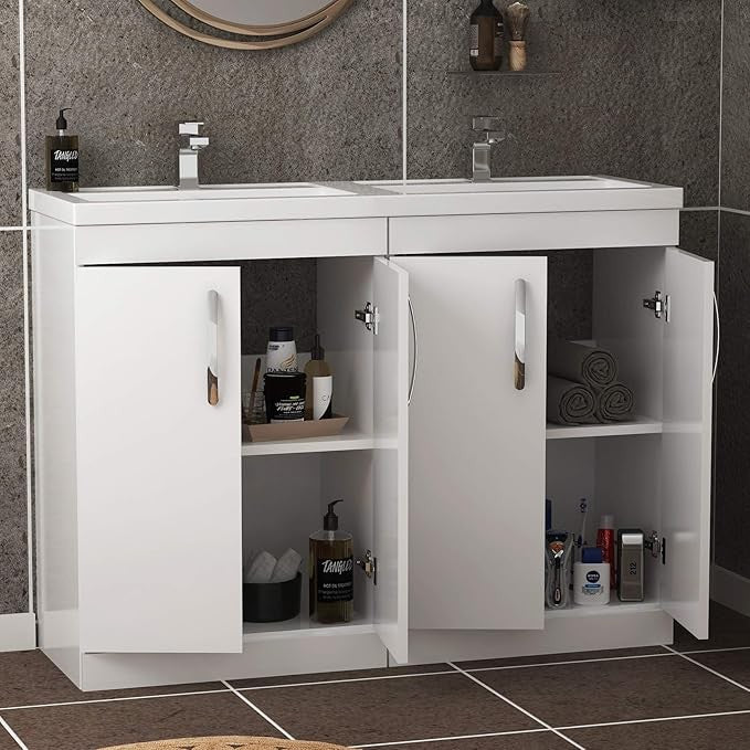 1200mm Gloss White Double Basin Vanity Unit – 4 Door Bathroom Sink Cabinet