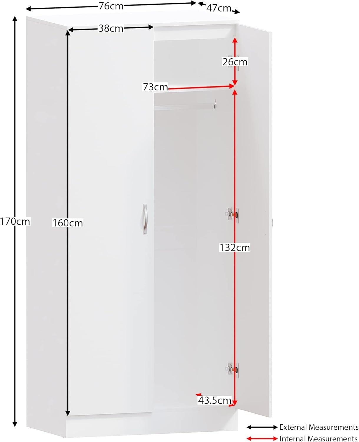 White 2 Door Bedroom Wardrobe with Hanging Rail & Shelf | Storage Unit