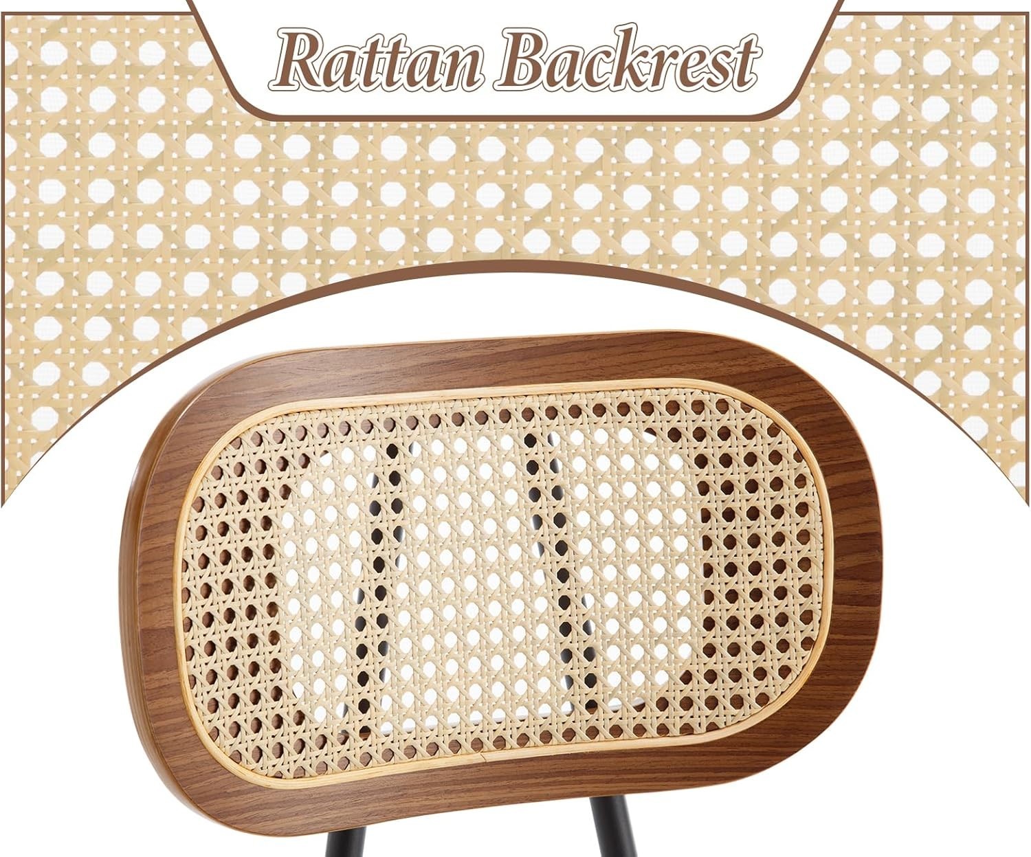 Retro Rattan Bar Stools Set of 2 Beige PU Leather Wooden Kitchen Chairs