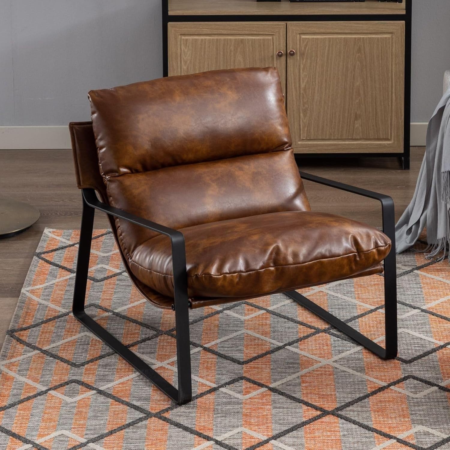 PU Leather Armchair Accent Lounge Chair for Living Room w/ Metal Frame