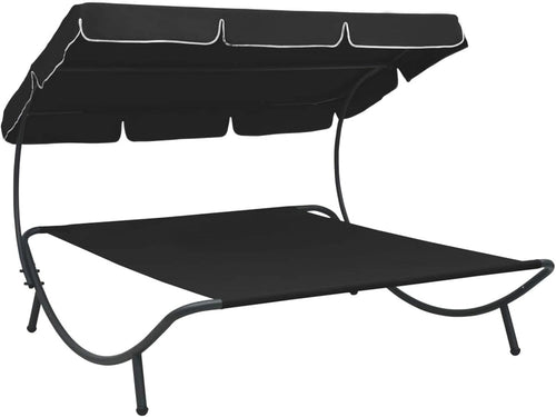Outdoor Double Lounge Bed with Canopy Waterproof Oxford Fabric Black