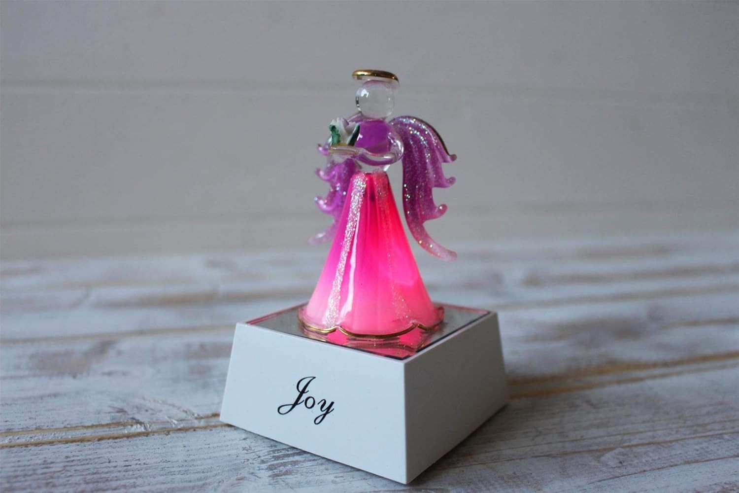 Glass Pink Angel Ornament with Light-Up Base | LED Gift Décor | Gold Gilded