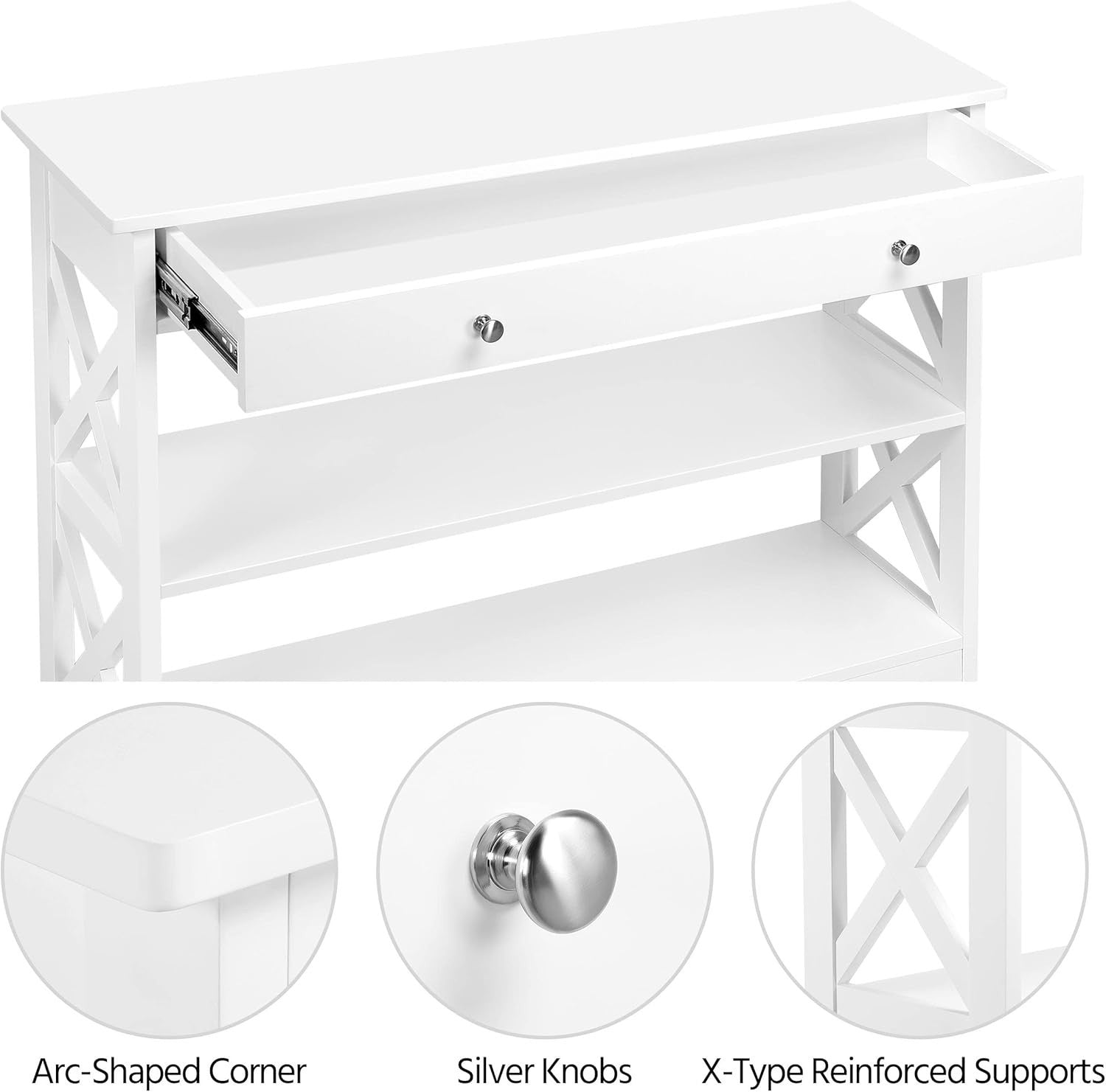 3-Tier White Console Table with Drawer & Storage Shelf, 100x30x80cm, Sturdy