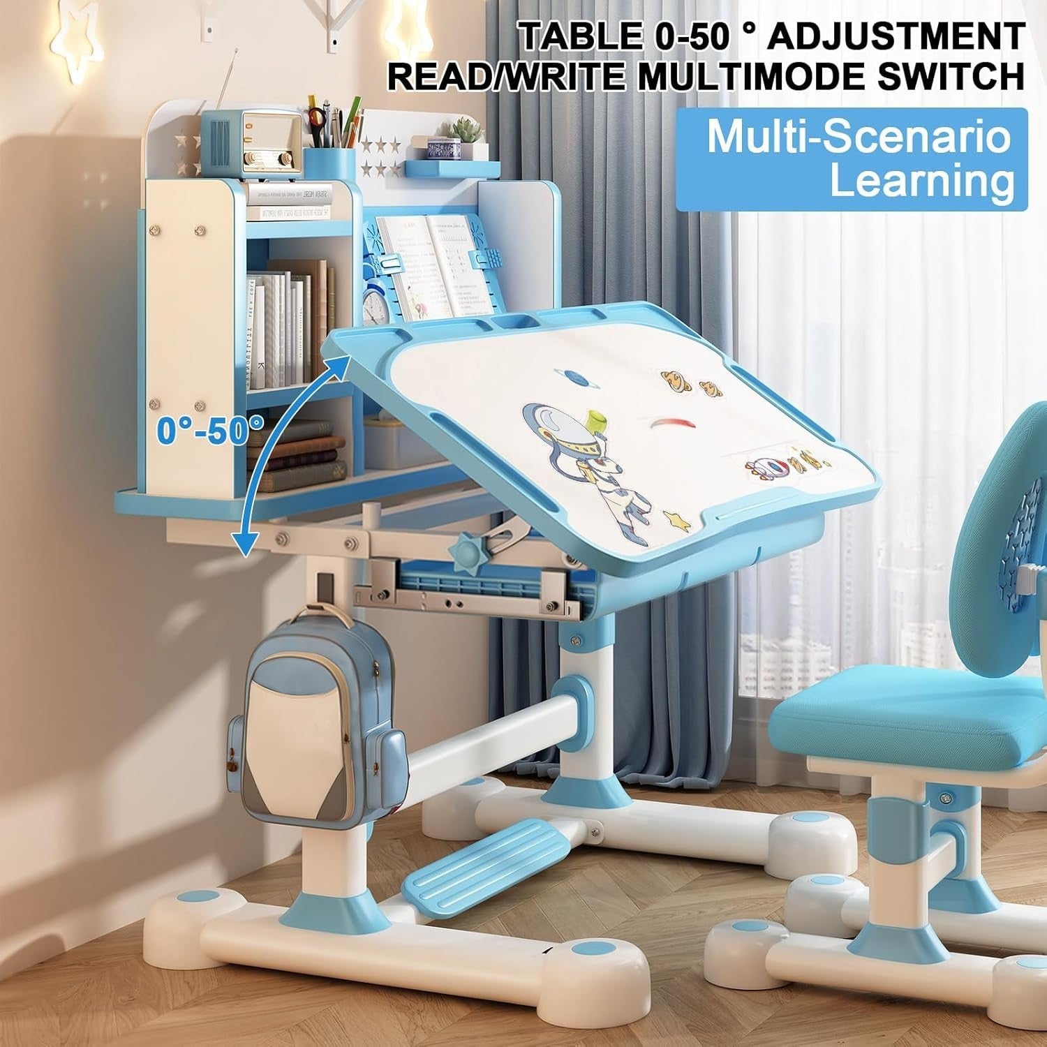 Adjustable Kids Study Table & Chair Set with Storage, Large Desk Blue-4