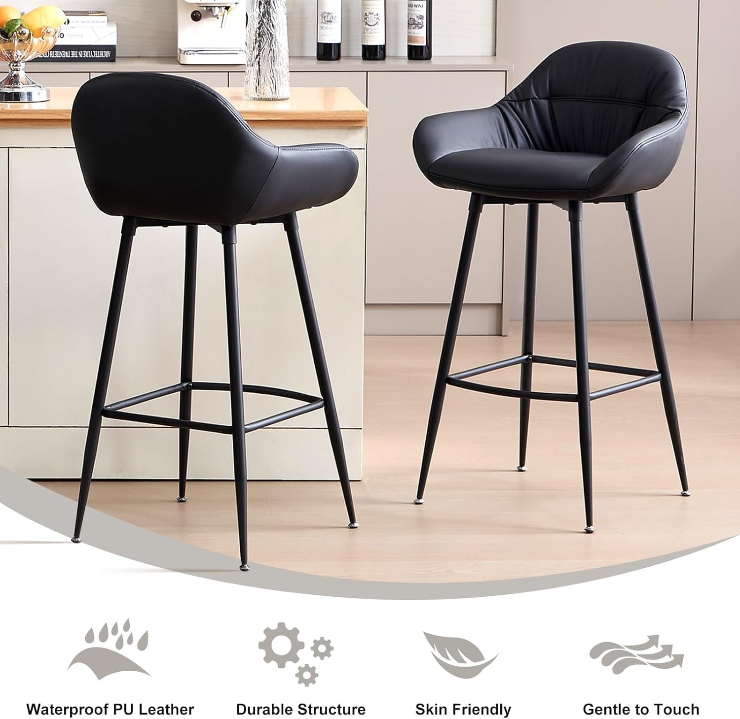 Black PU Leather Adjustable Bar Stools Set of 2 Mid-Century Kitchen