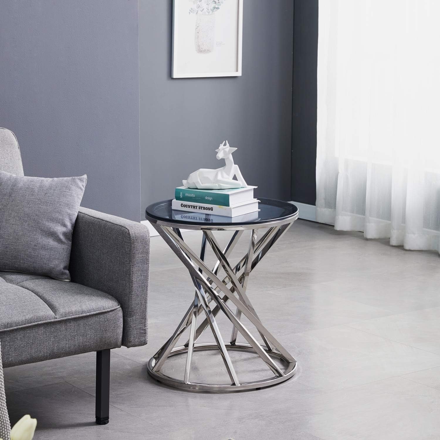 Modern Silver Side Table Round 50cm, Glass Top & Steel Frame, No Assembly
