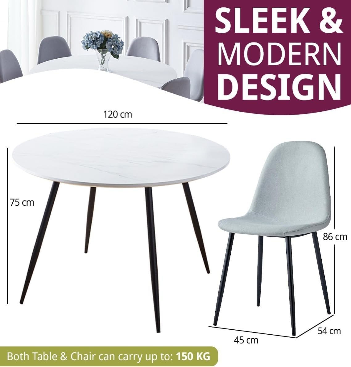 Round Marble Effect Dining Table & 6 Grey Fabric Chairs Set 120cm