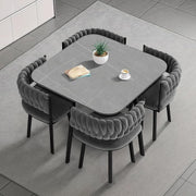 Space-Saving Rock Slab Marble Dining Table & 4 Velvet Chairs Set Grey