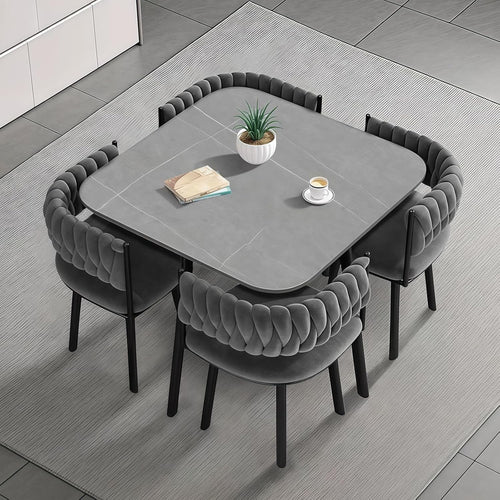 Space-Saving Rock Slab Marble Dining Table & 4 Velvet Chairs Set Grey