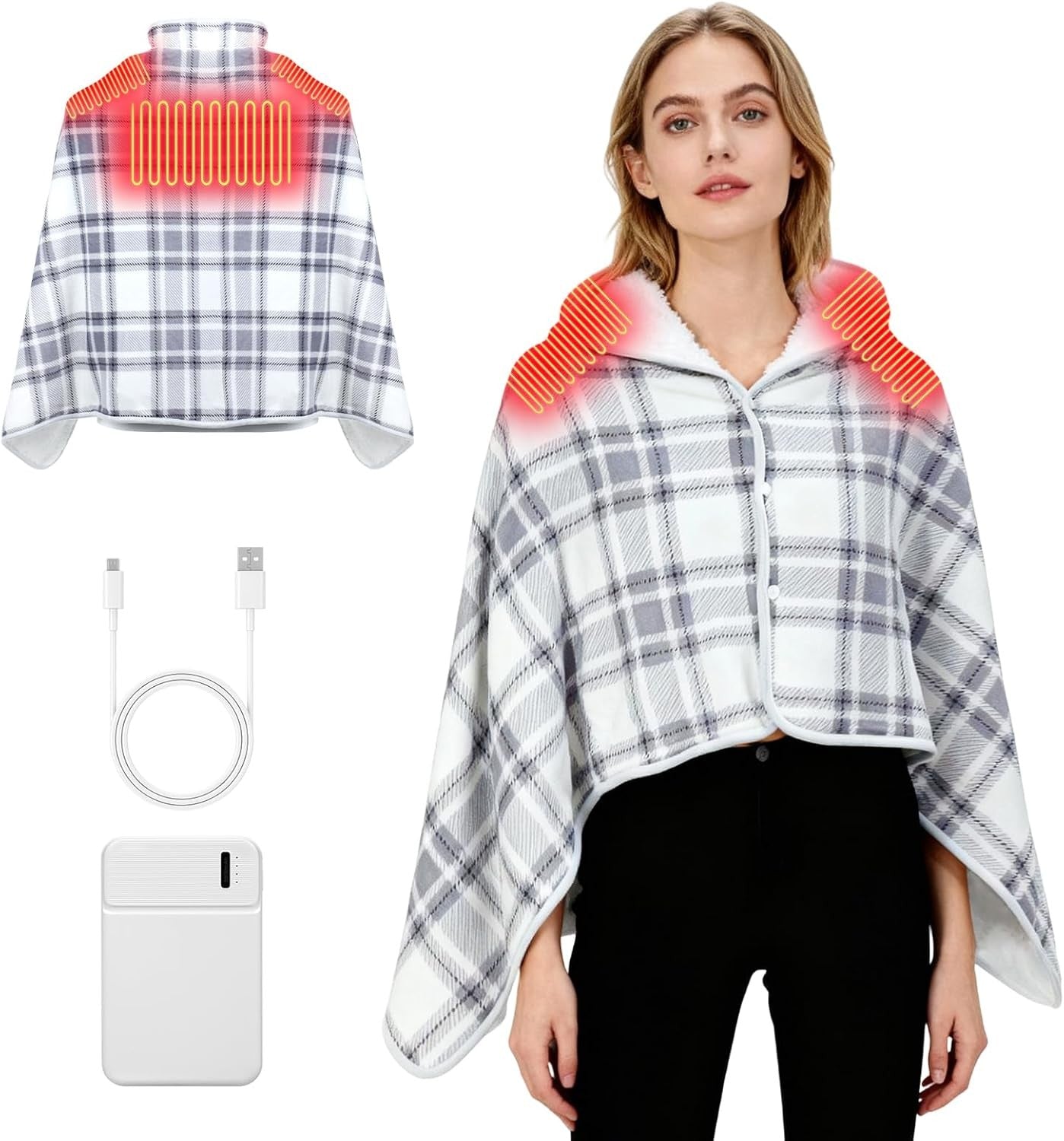 USB Electric Heated Shawl Wearable Blanket Poncho 3 Heat Levels