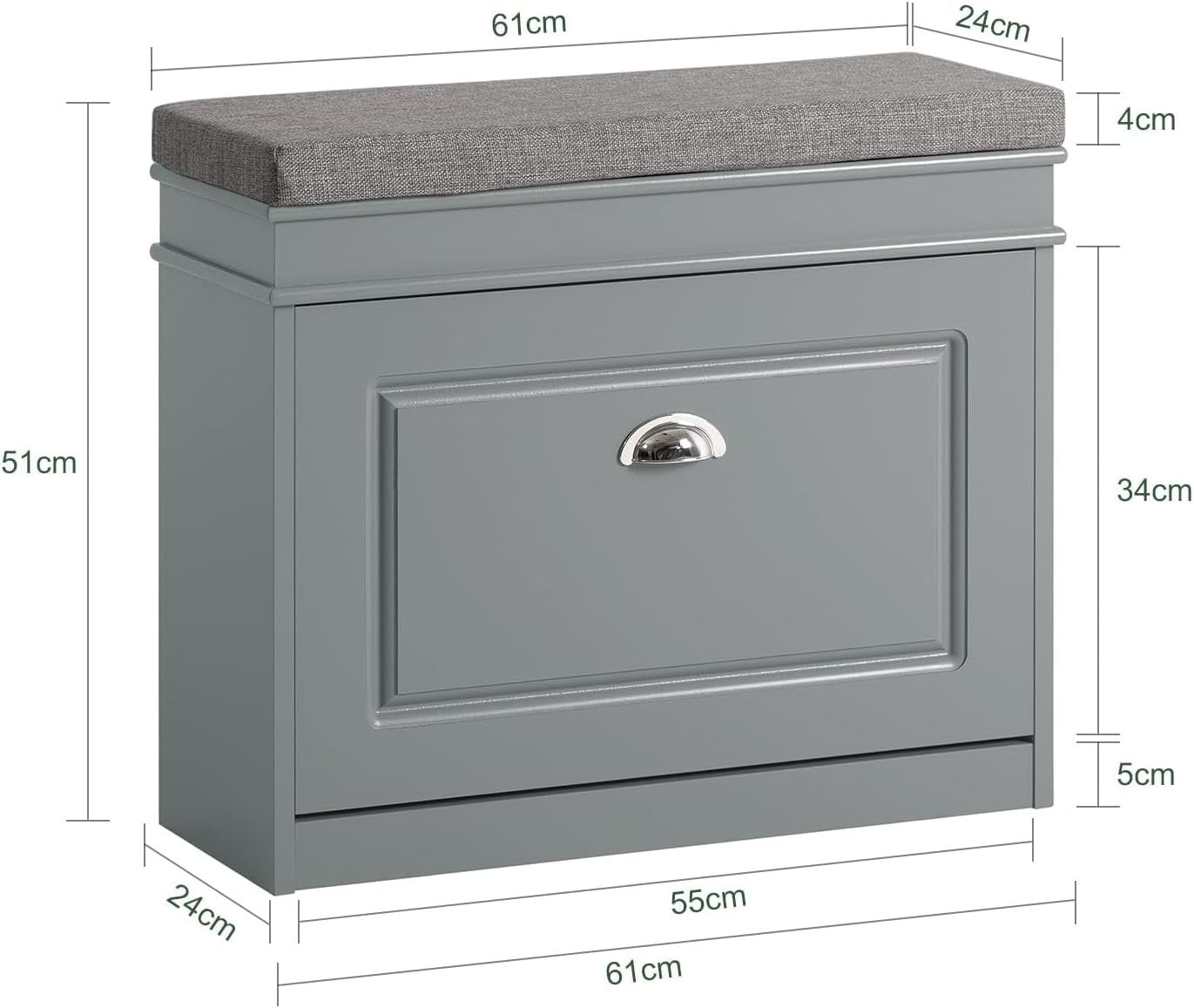 Narrow Shoe Storage Bench with Flip Drawer & Grey Cushion, 61x24x51 cm