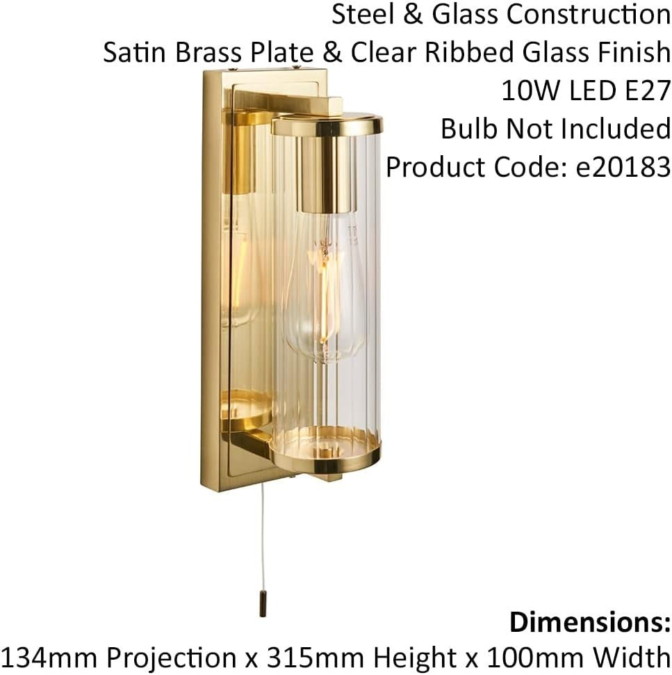 Satin Brass Bathroom Wall Light IP44 Ribbed Glass E27 Fixture Pull Switch