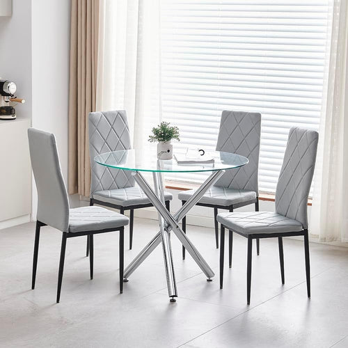 Round Glass Dining Table Set with 4 Grey Velvet Chairs – Modern Comfort