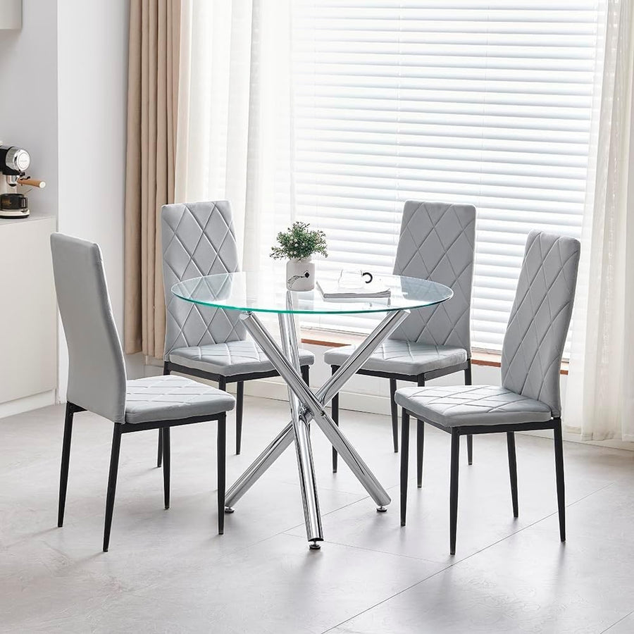 Round Glass Dining Table Set with 4 Grey Velvet Chairs – Modern Comfort
