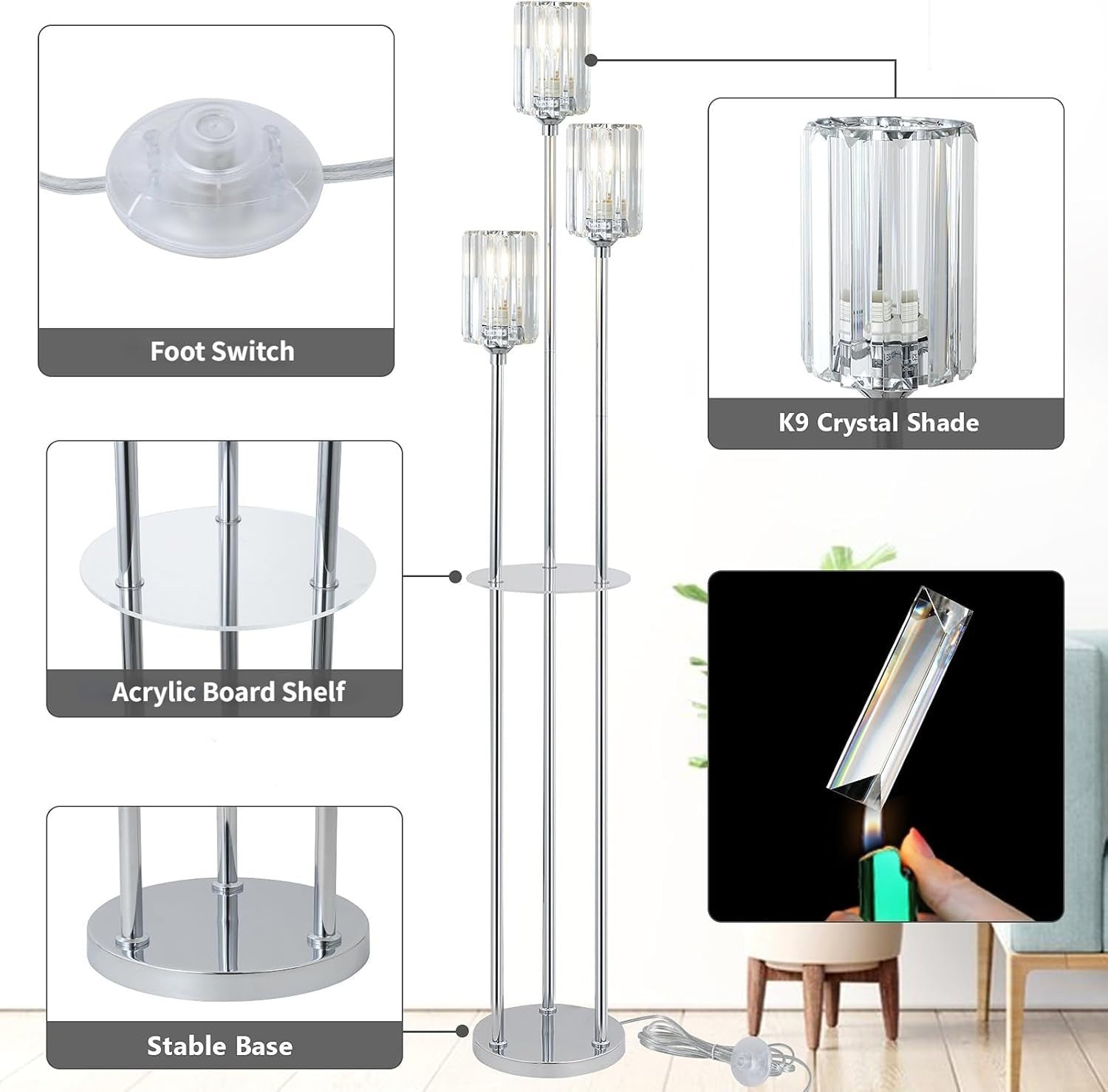 3-Light Modern Floor Lamp with Shelves | Crystal Shades | Chrome Finish