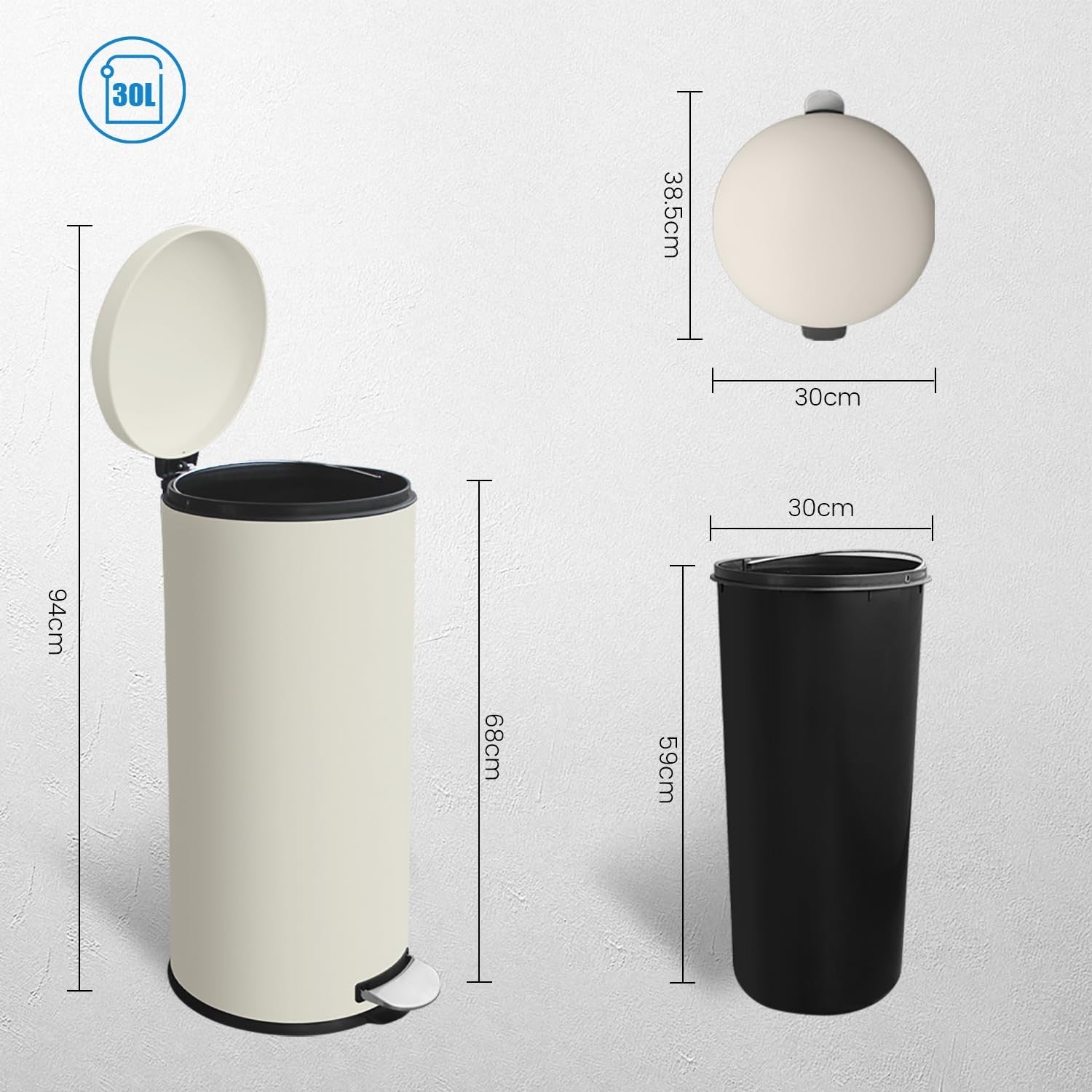 30L Round Stainless Steel Pedal Bin Soft Close Kitchen Cream