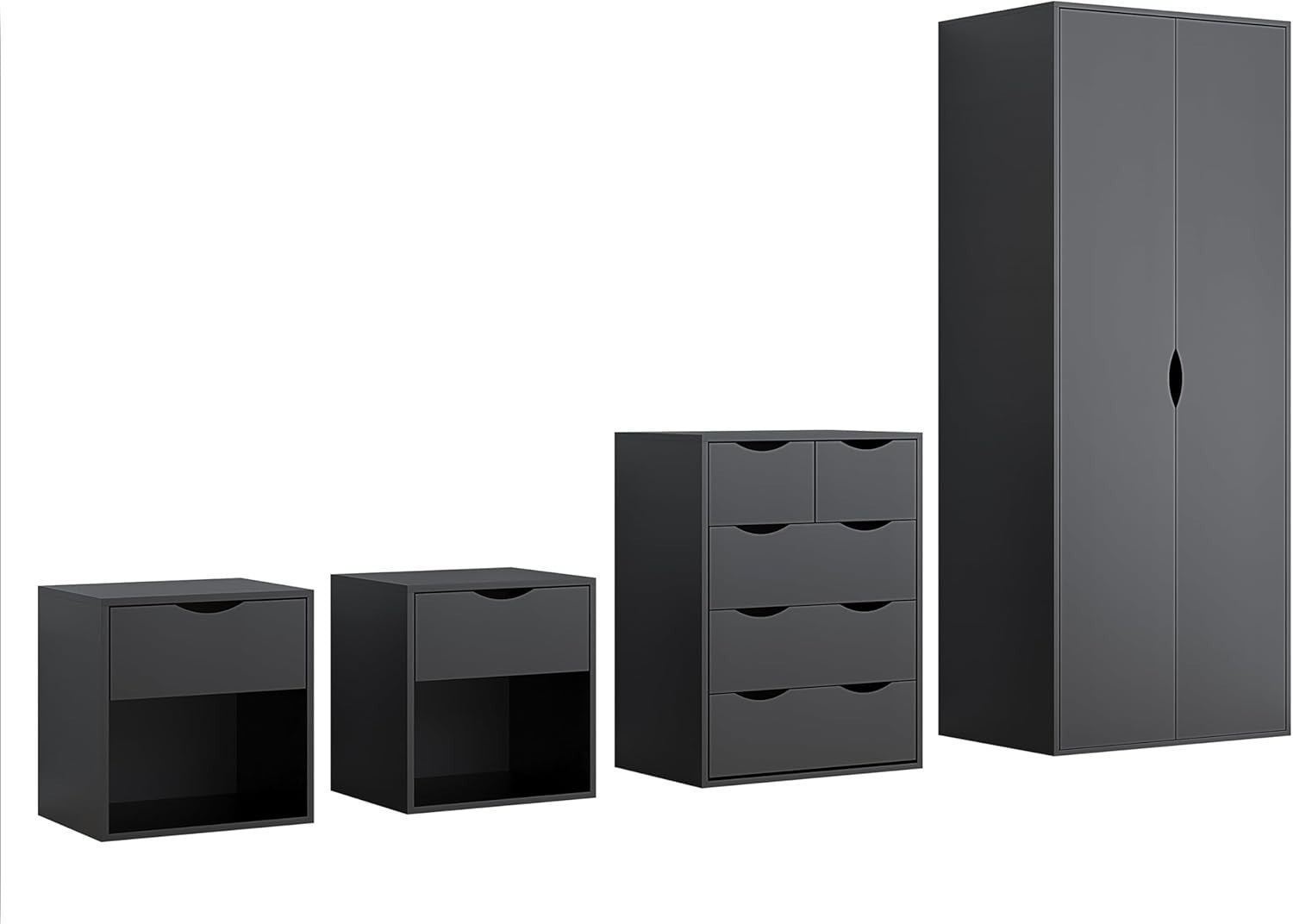 4pc Bedroom Furniture Set Wardrobe Chest Bedside Cabinet Black Matt on Black