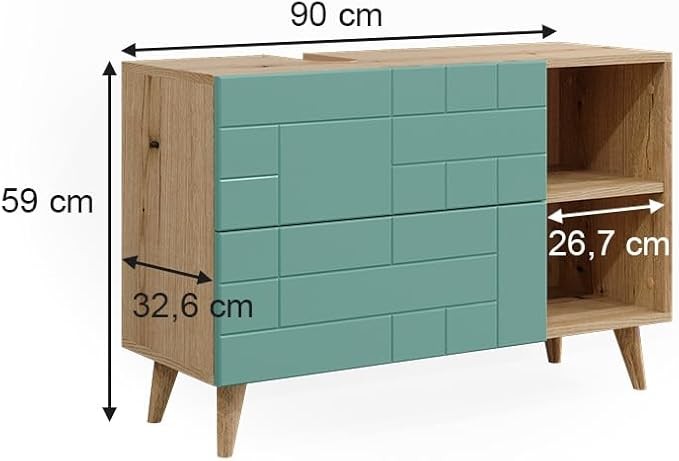 Mint Green Oak Sink Cabinet 90cm Vanity Unit with Drawers & Open Shelf Modern
