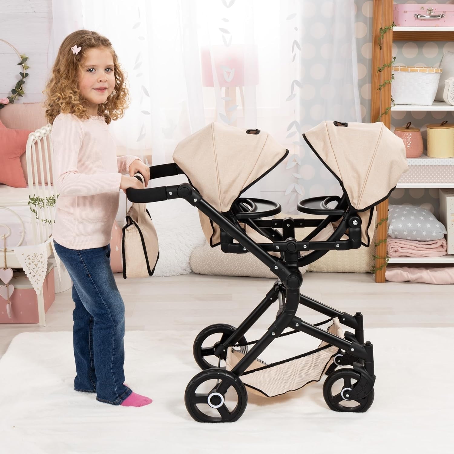 Twin Doll Pram Tandem Stroller Adjustable Reversible Handle Foldable 46cm