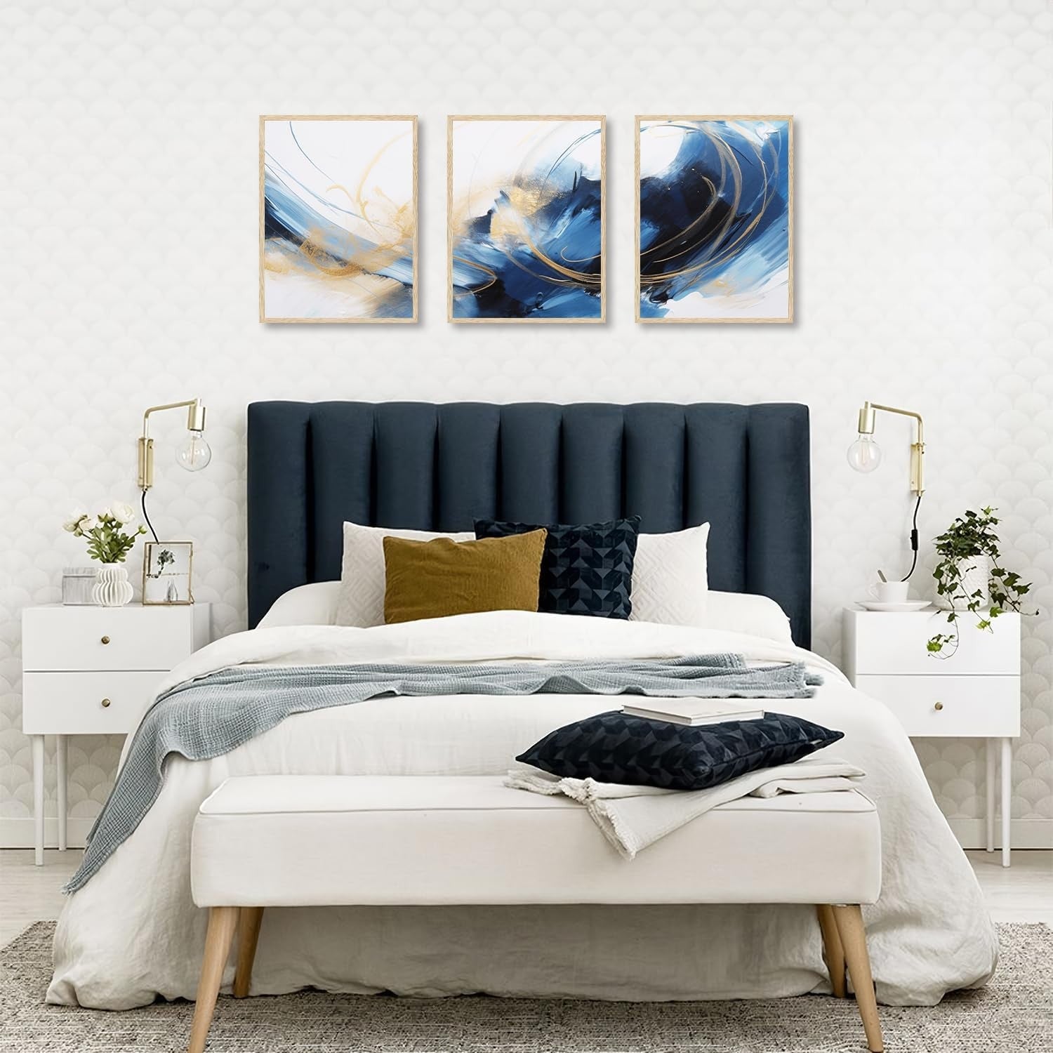 Abstract Blue Gold Wall Art Set Modern Canvas Prints Living Room Bedroom Decor