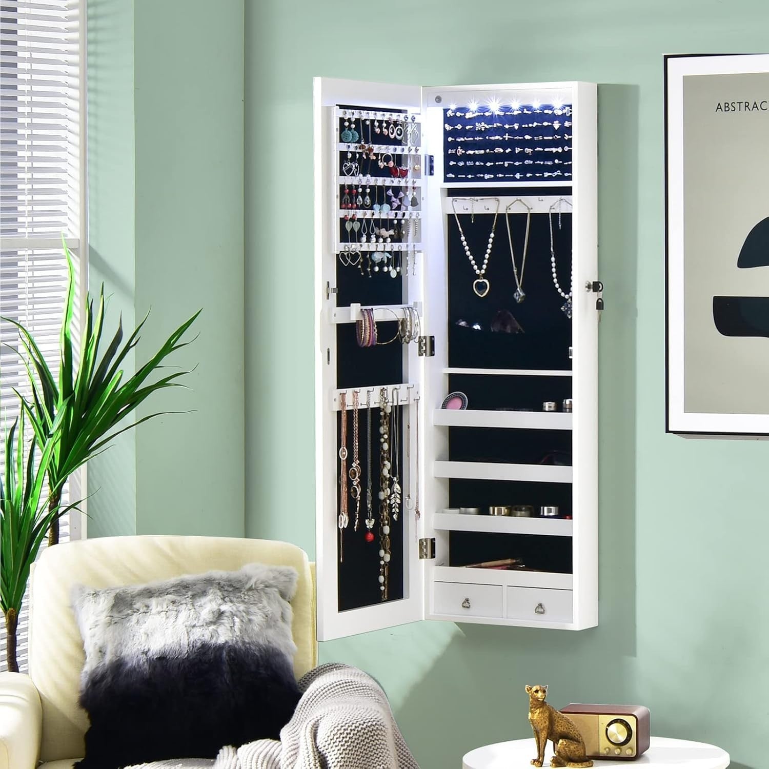 LED Jewelry Armoire Wall Door Mounted Lockable Full Length Mirror White