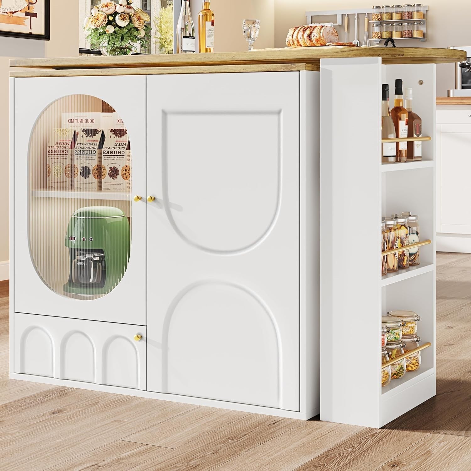 Modern Rotating Bar Table Kitchen Island with Storage & Display Shelves – White