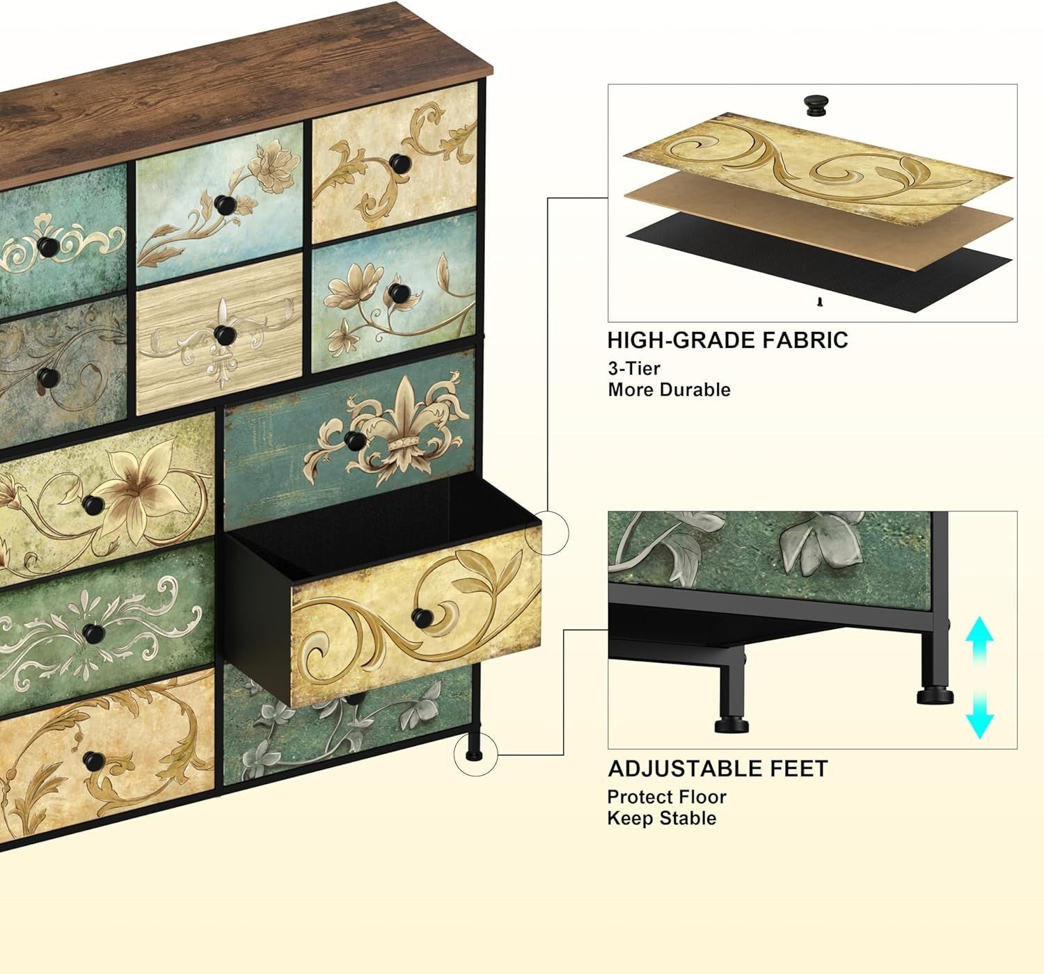 Vintage Boho 12-Drawer Fabric Dresser Chest – Rustic Storage for Bedroom, Hallwa