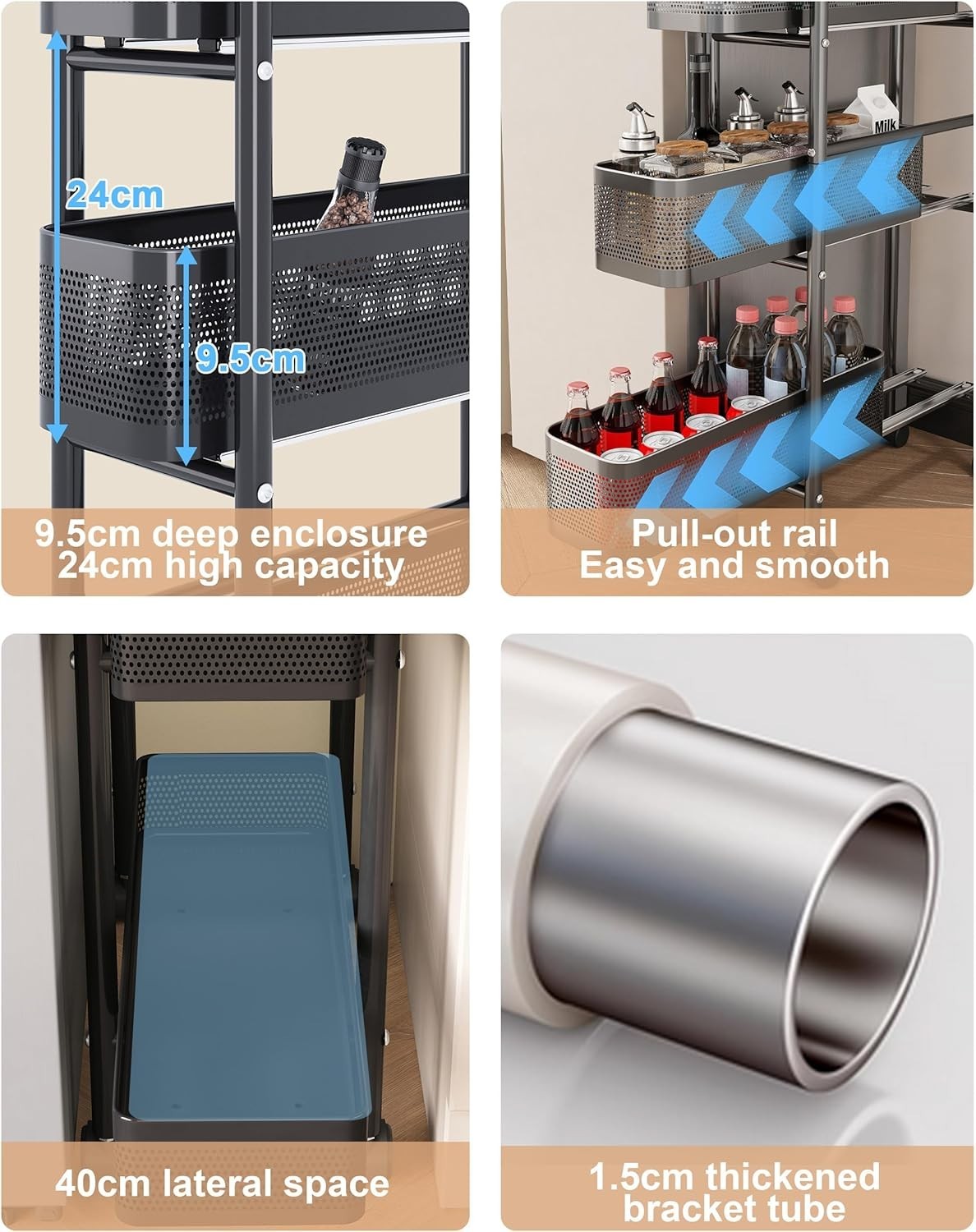 5 Tier Slim Rolling Kitchen Trolley Pull Out Storage Cart Black