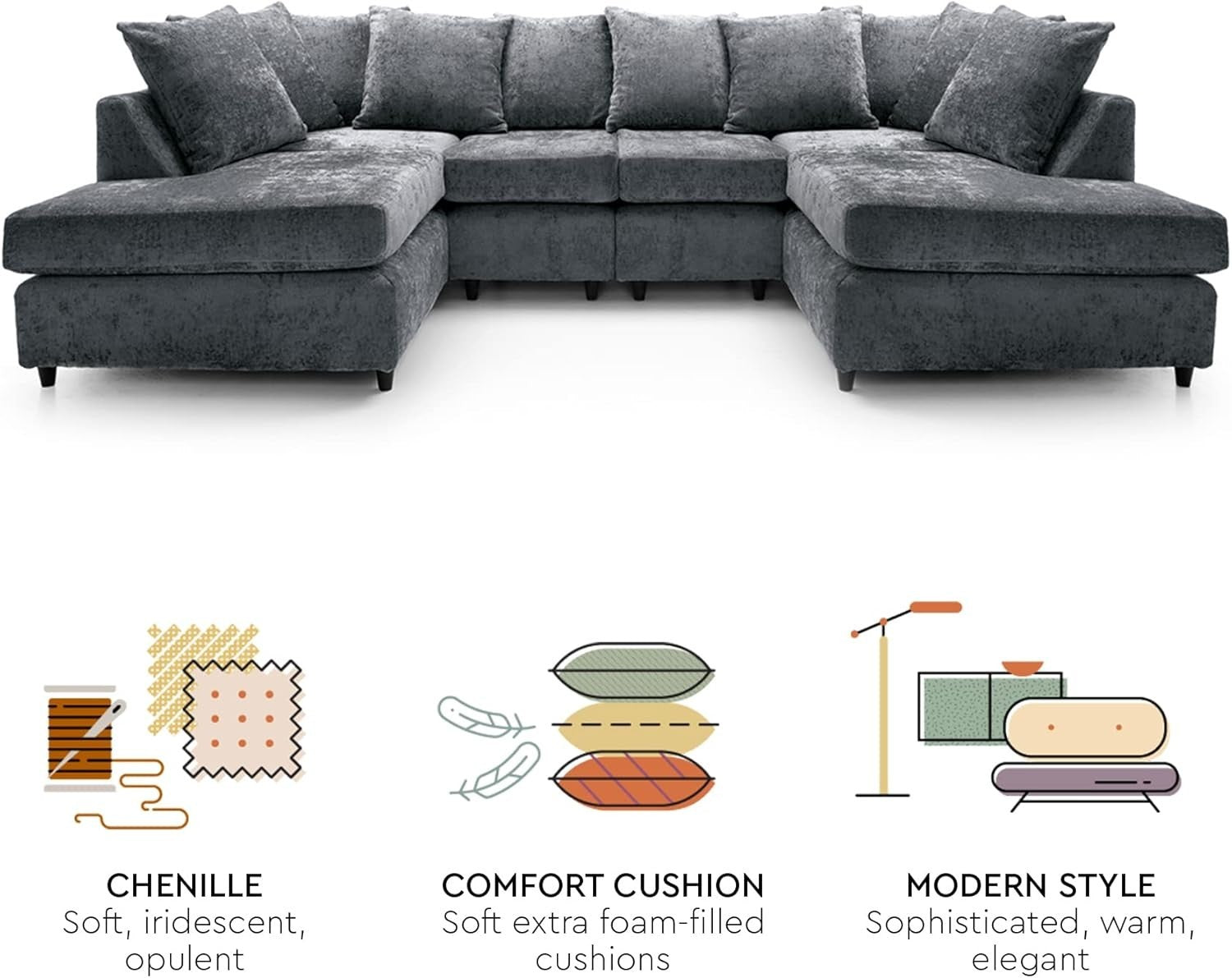 U-Shaped Sofa Dark Grey Chenille w/ Cushions + Footstool | 280x164x90cm Modern
