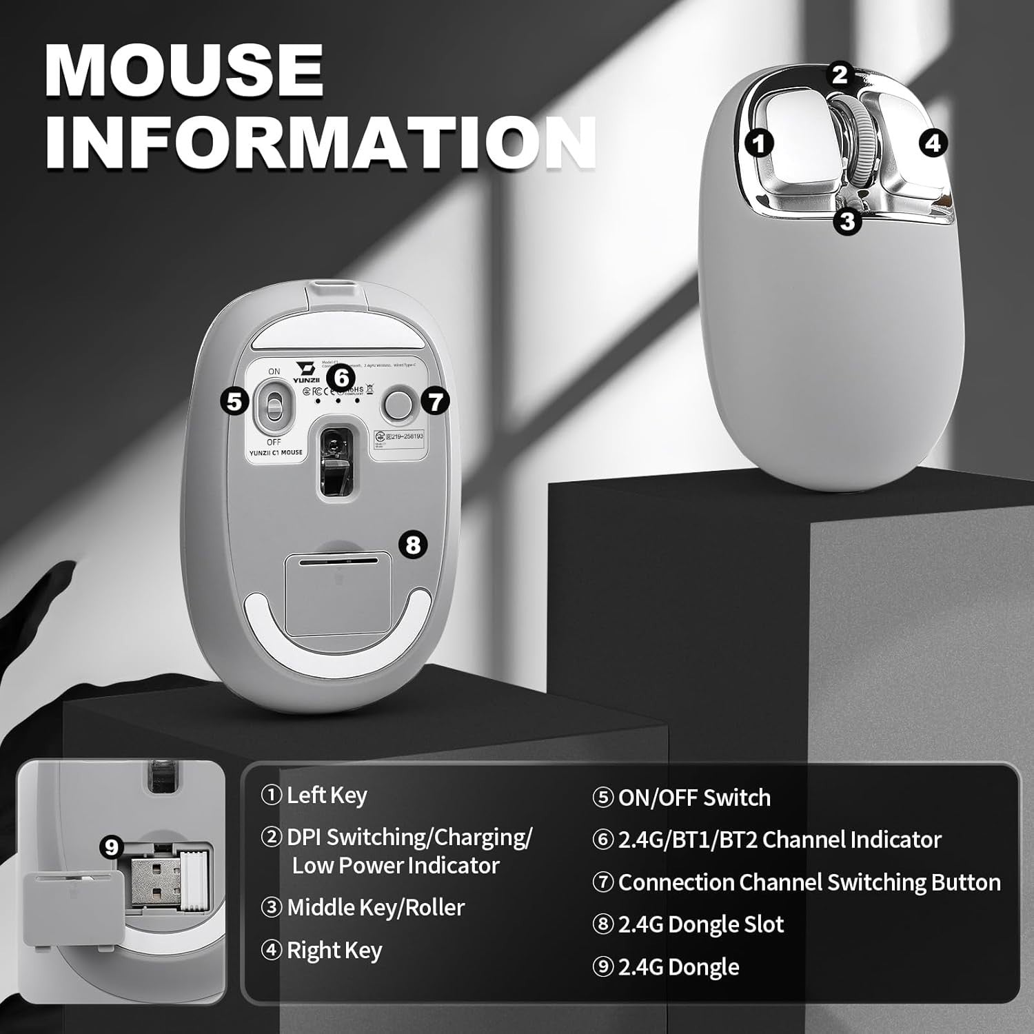 Tri-Mode Wireless Mouse 4800 DPI Bluetooth 2.4G USB-C Rechargeable