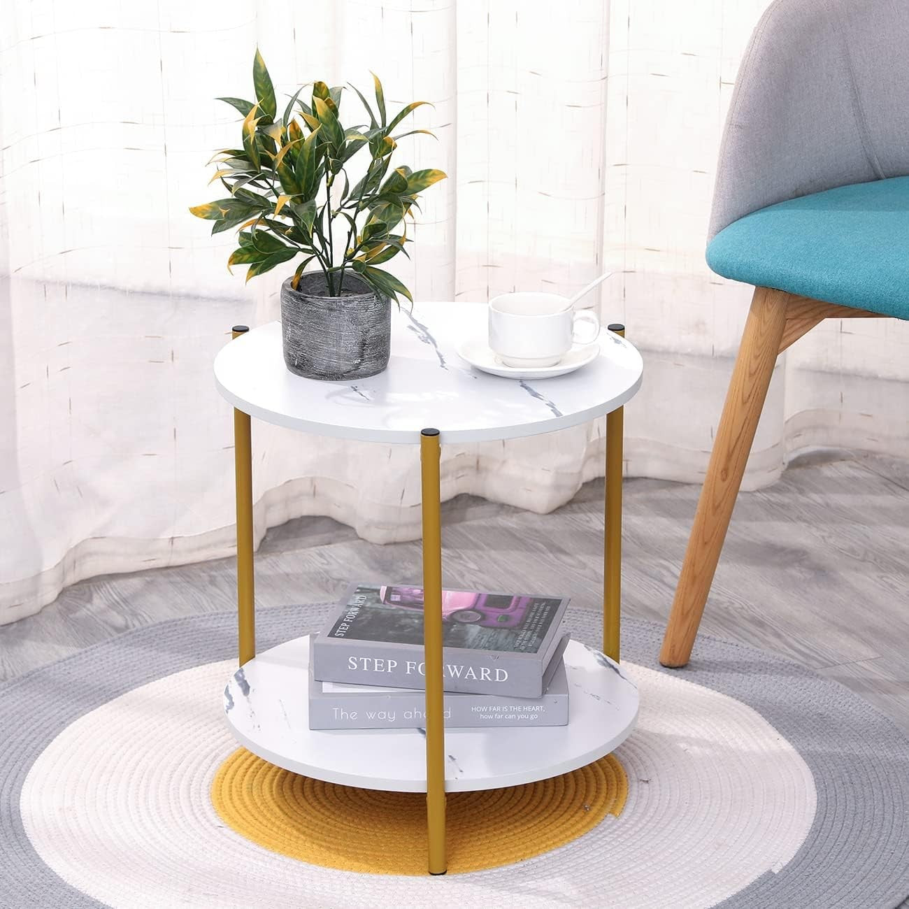 Round White Marble Side Table with 2-Tier Shelf – Modern Gold Frame End Table