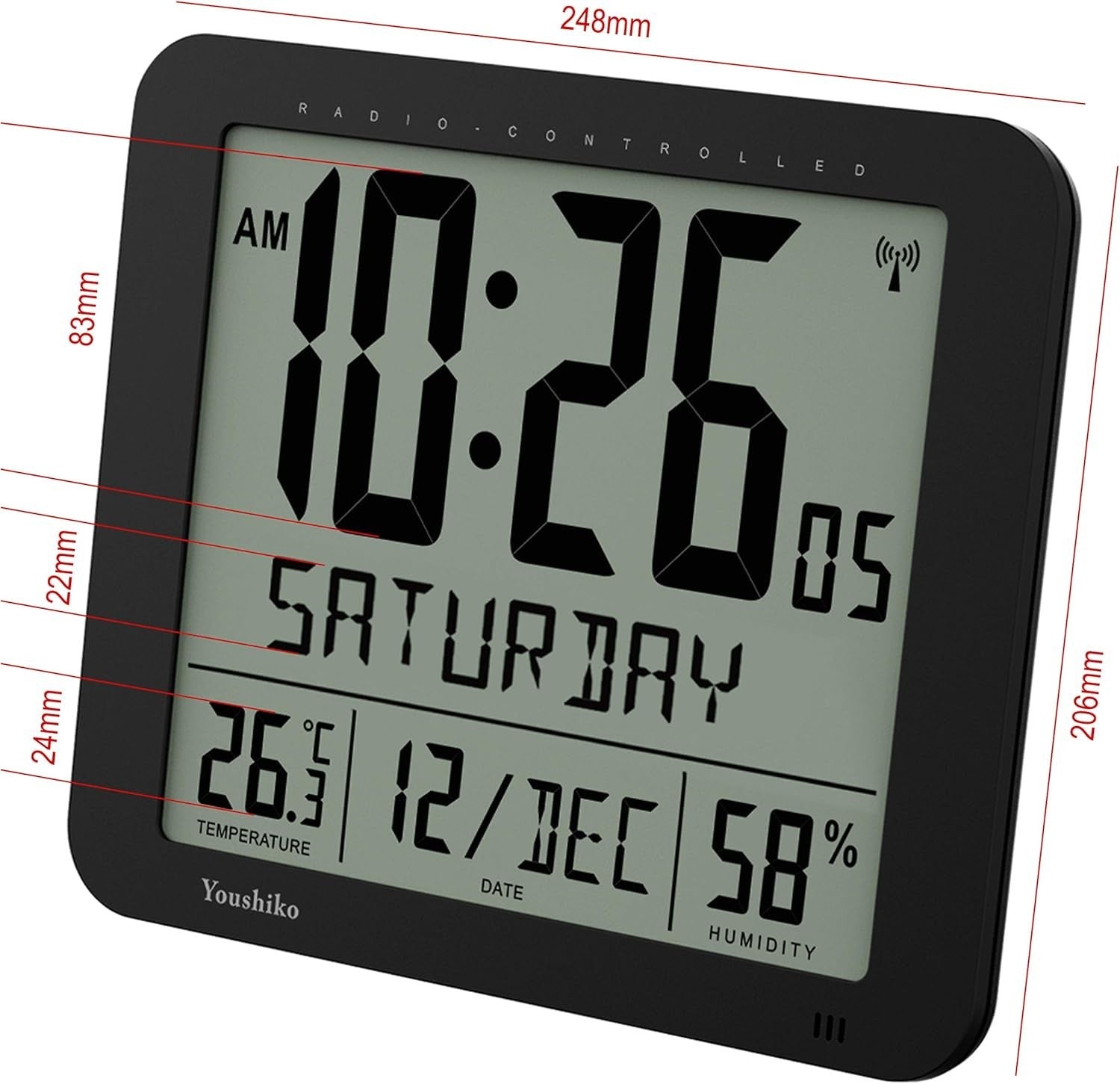 Jumbo Radio Controlled Wall Clock Large LCD Display Temp Humidity