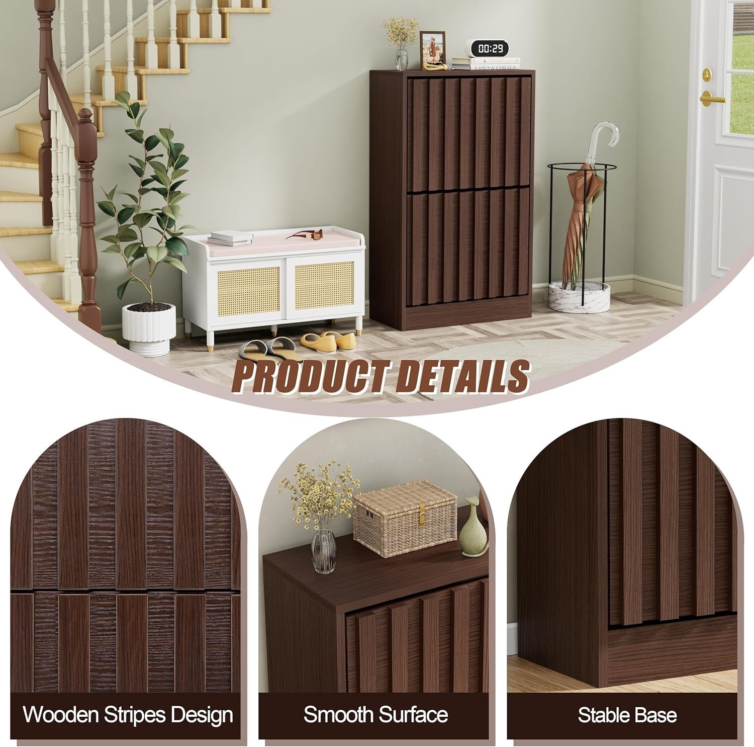 Slim Wooden Shoe Storage Cabinet 2 Flip Drawers Ventilated Modern Unit Walnut