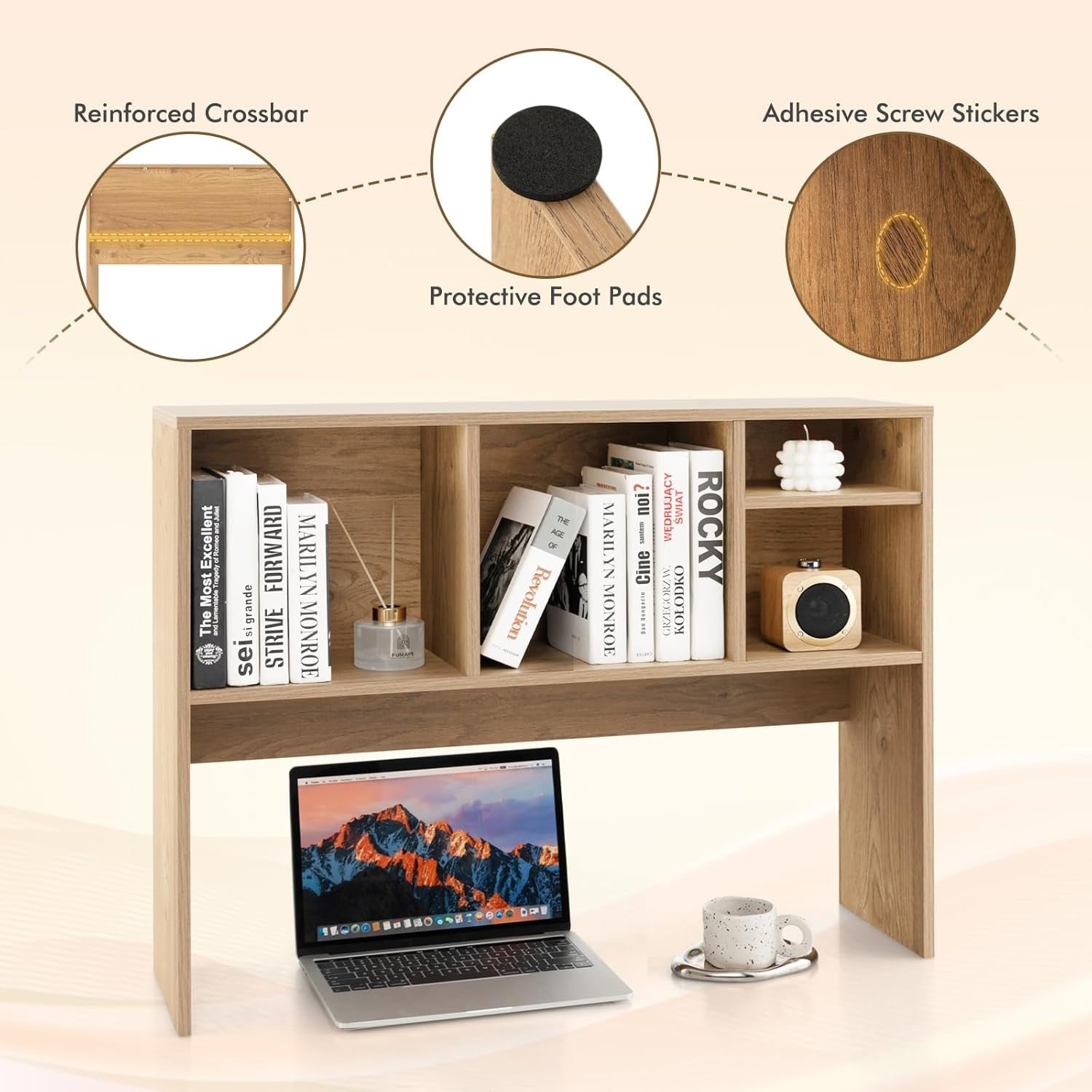 Natural Desktop Bookshelf Hutch 4-Shelf Countertop Storage Rack Monitor