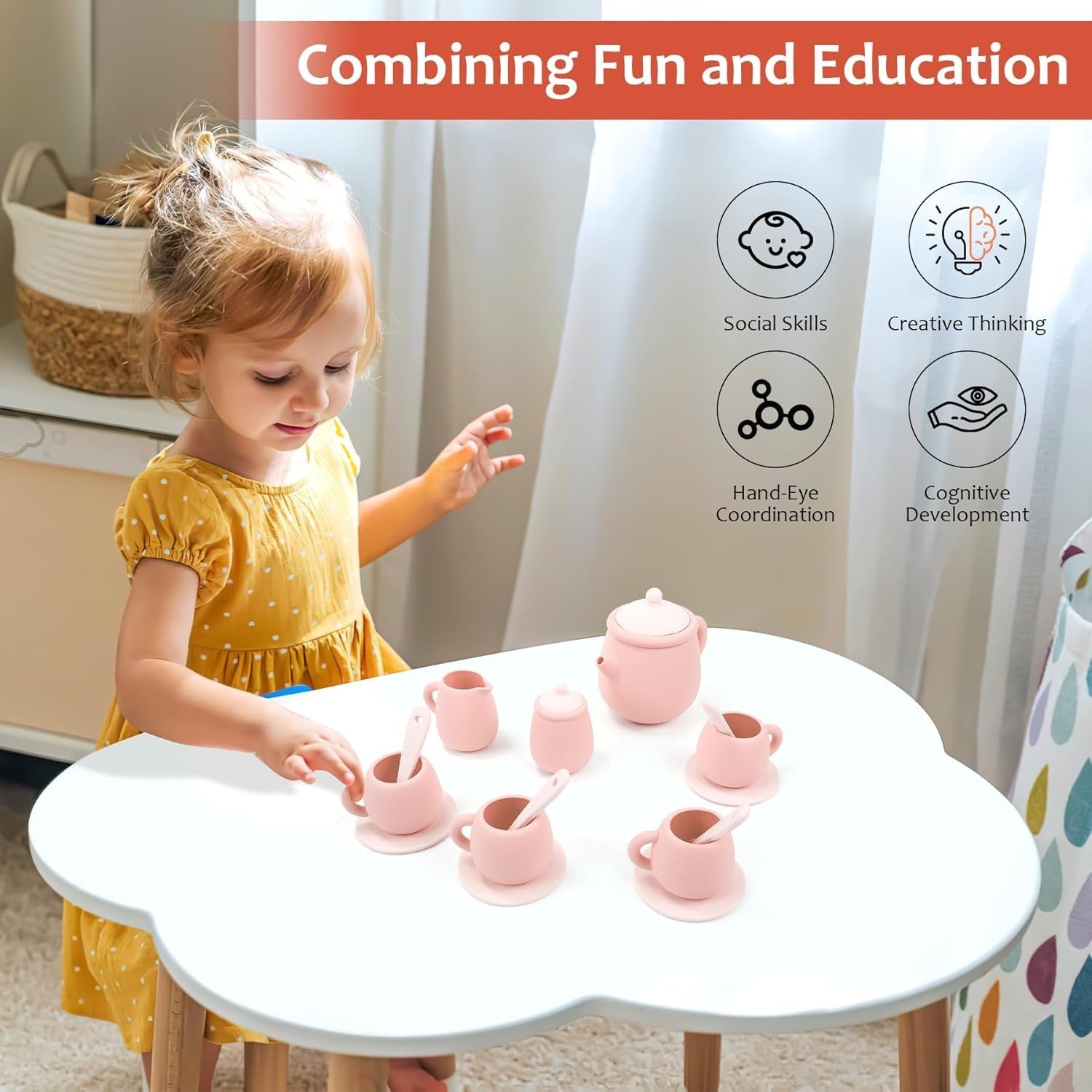 Kids Silicone Tea Set 15PCS Pretend Play Tea Party Toy BPA Free Toddler