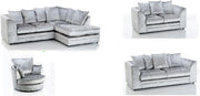 Silver Crushed Velvet Right Hand L Shape Sofa 3 2 Seater with Swivel