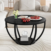 Round 2-Tier Coffee Table with Storage Shelves, Wooden Top & Metal Frame Black