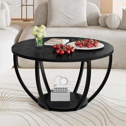 Round 2-Tier Coffee Table with Storage Shelves, Wooden Top & Metal Frame Black