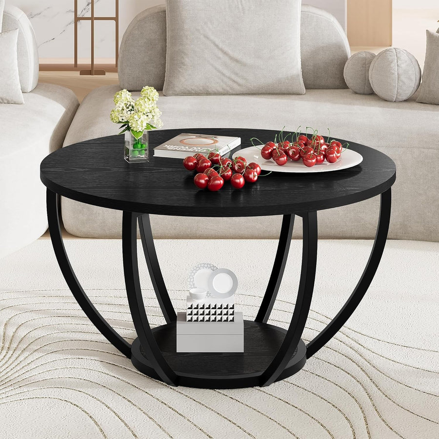 Round 2-Tier Coffee Table with Storage Shelves, Wooden Top & Metal Frame Black