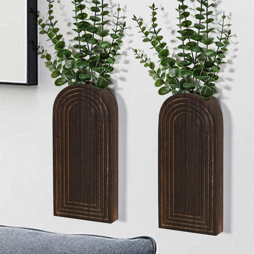 Wooden Wall Vase Set of 2 Dark Brown Farmhouse Entryway Hanging Decor