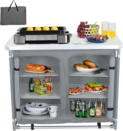 Portable Camping Kitchen Storage Unit with Aluminium Frame & 6 Compartments