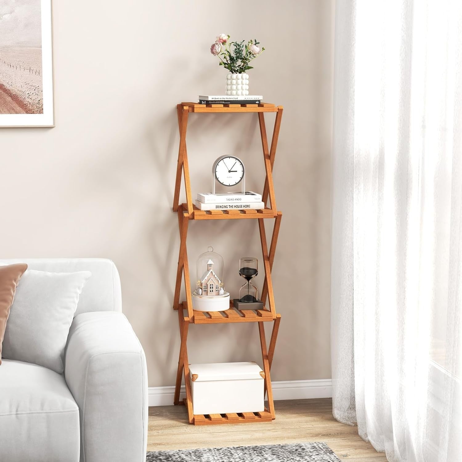4-Tier Folding Plant Stand Tall Wooden Indoor Outdoor Corner Shelf Rack