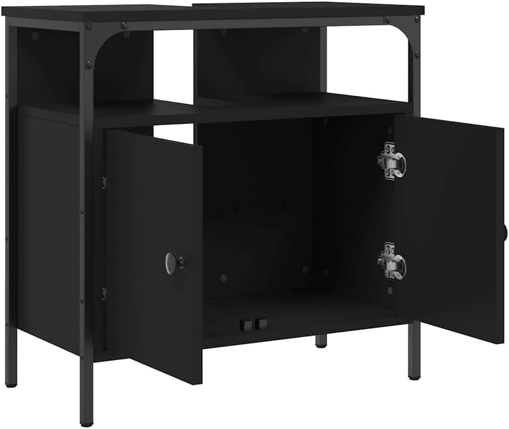Black Under Sink Bathroom Cabinet 2 Door Vanity Storage Unit with Open Shelf