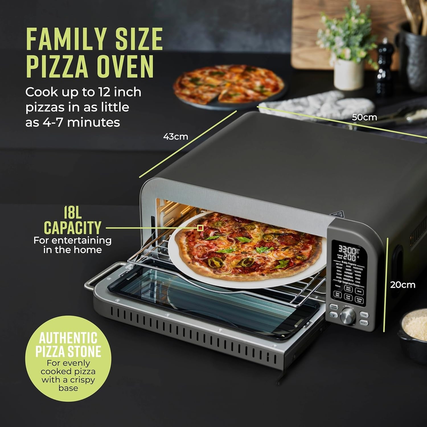 Electric Pizza Oven 2000W Turbo Crisper | 400°C Max Heat | 15 Cooking Functions