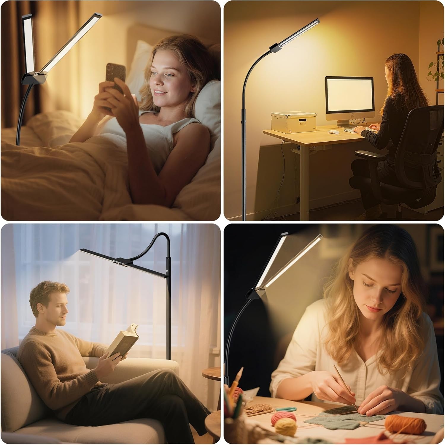 Cordless LED Floor Lamp Black Rechargeable Dual Head Dimmable Reading Light