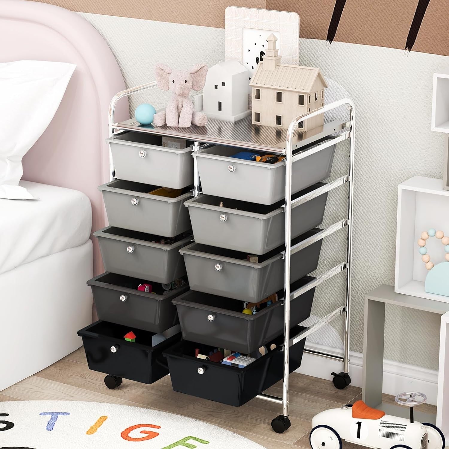 10 Drawer Rolling Storage Cart Black Organizer Trolley with Wheels