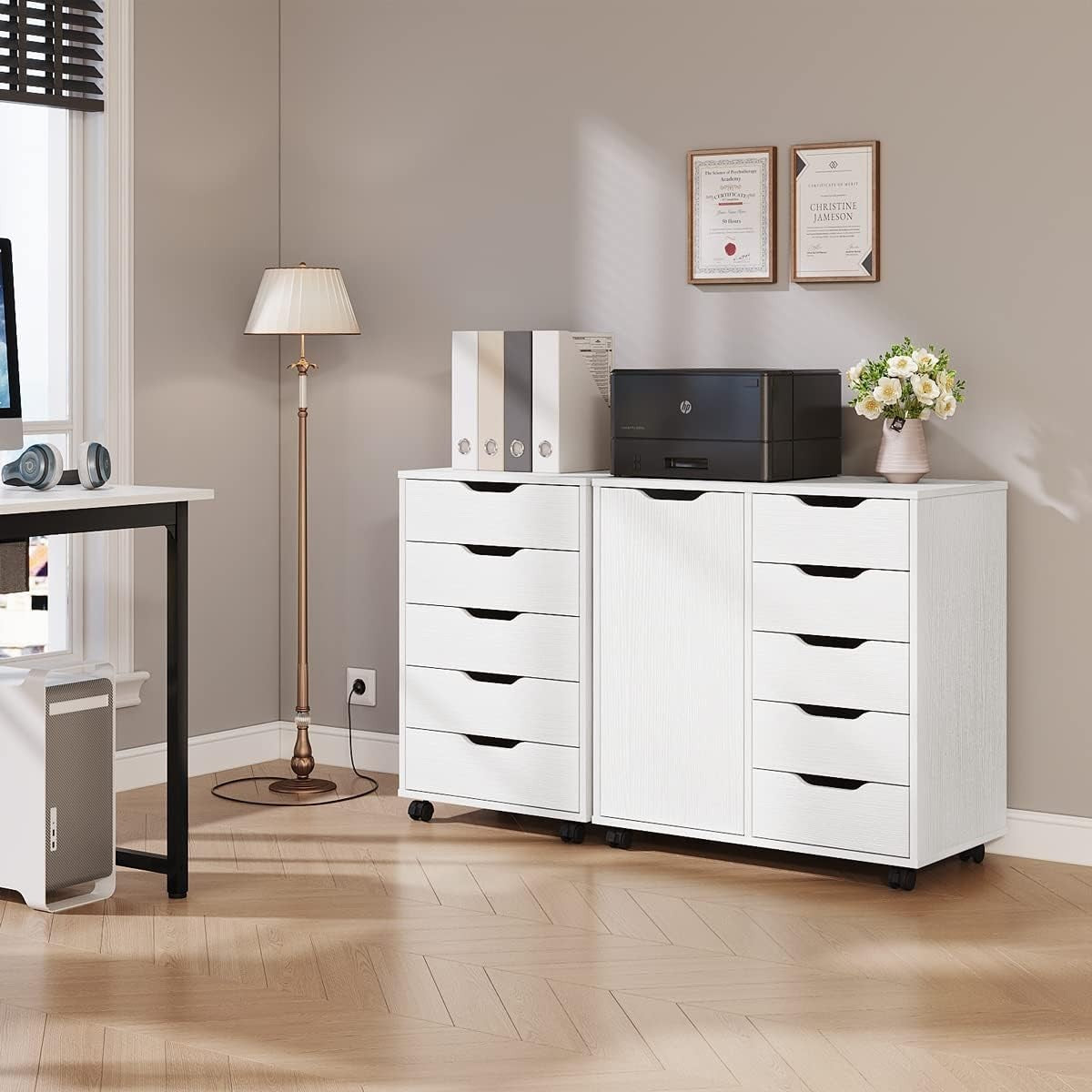 5 Drawer Mobile Filing Cabinet with Wheels Office Storage Chest White