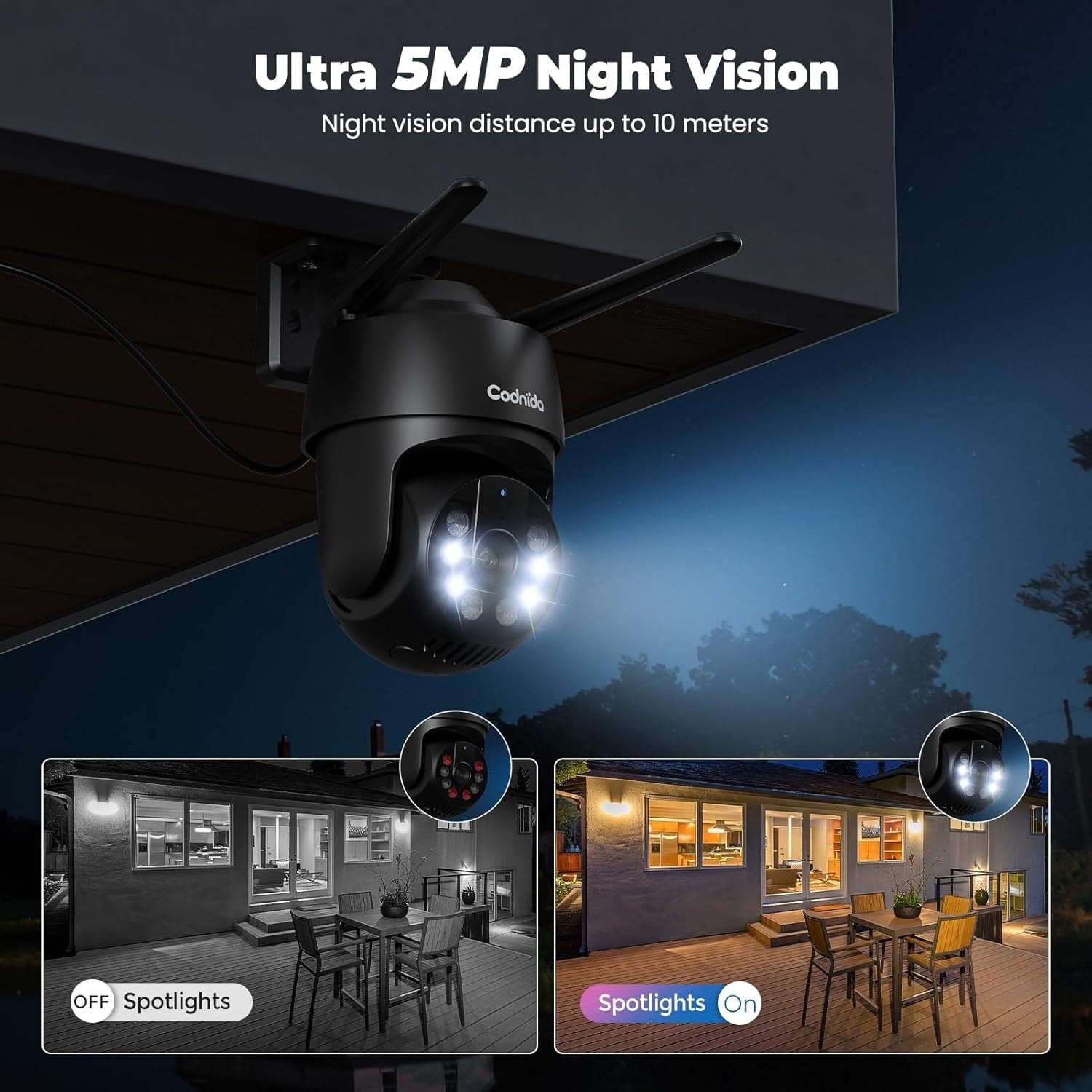 5MP WiFi Security Camera Outdoor 360° PTZ Auto Tracking Color Vision